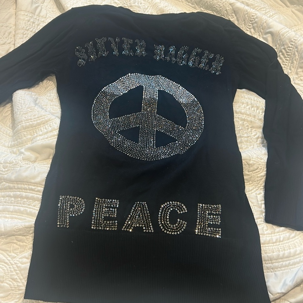 Crystallized Design Cotton/Cashmere Black Sweater-Large